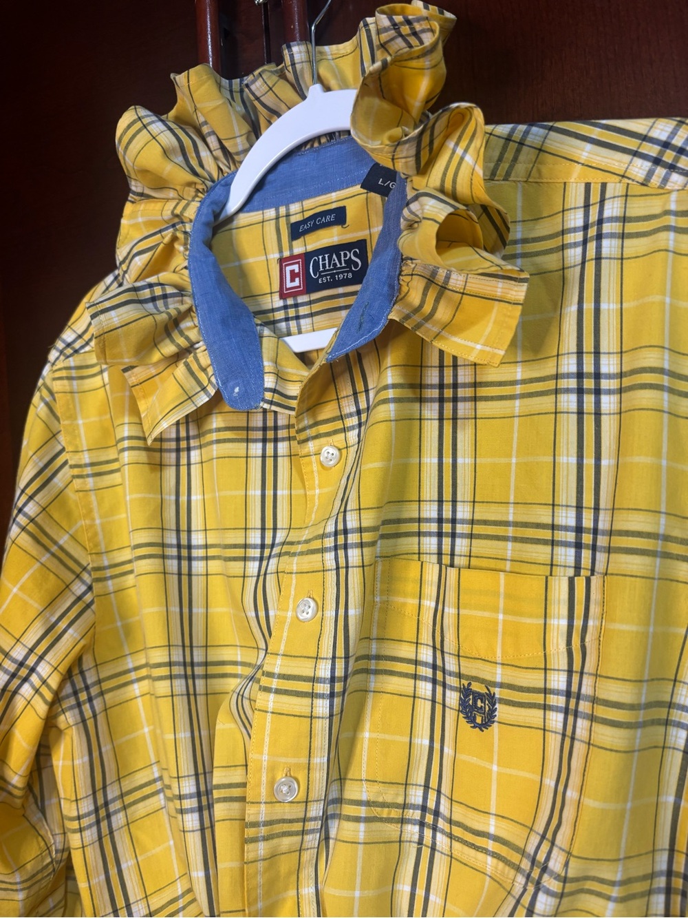 Upcycled Women’s Chaps Yellow Plaid Button-Up Shirt with Ruffle Collar